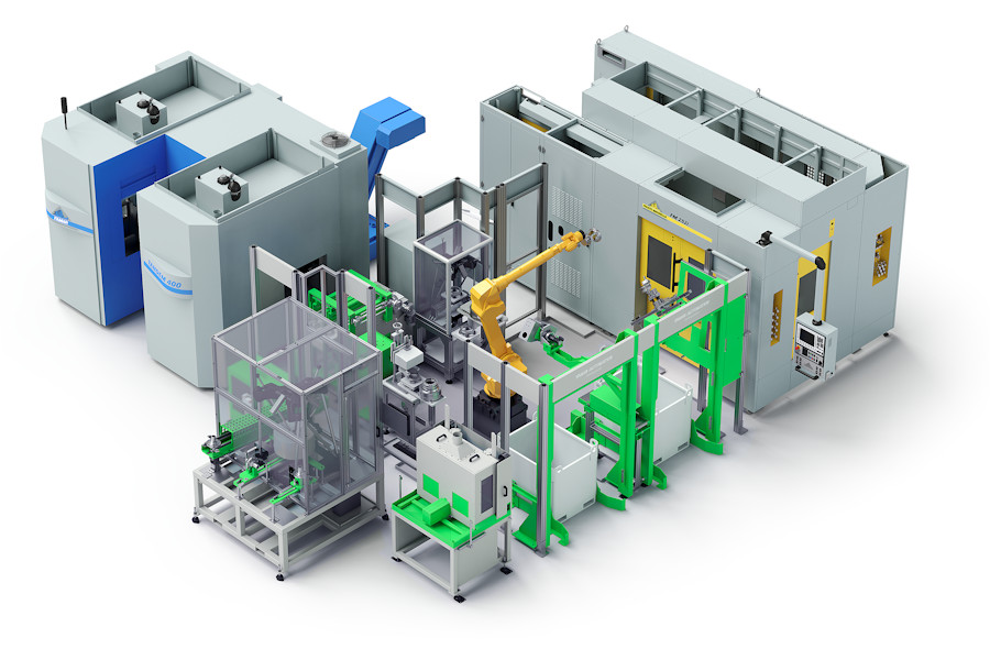 Turnkey einer FM252i mit Verkettung zur TANDEM Vertikaldrehmaschine